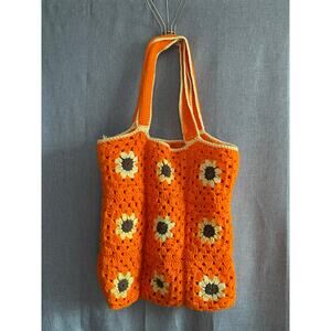 Vintage Large Handmade Crochet Sunflower Tote Bag Granny Square Boho Cottagecore